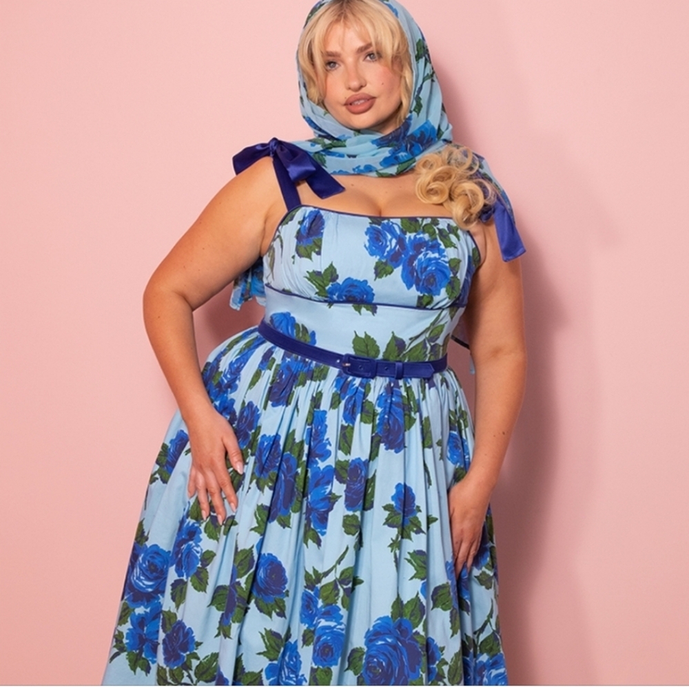 Final Price Drop NWT XL 1950s Swing Sundress and Scarf in Blue Vintage Rose